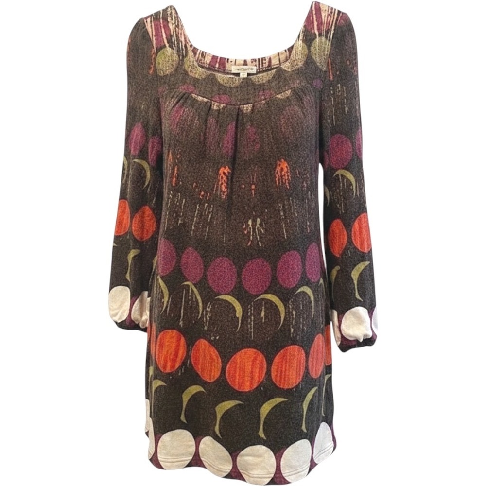 Aryeh Tunic Dress Brown Multi Polka Dot Boho Knit Square Neck Womens Large